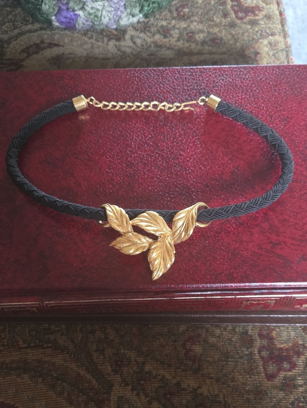 Gold Leaf Pendant Black Cord Choker Necklace